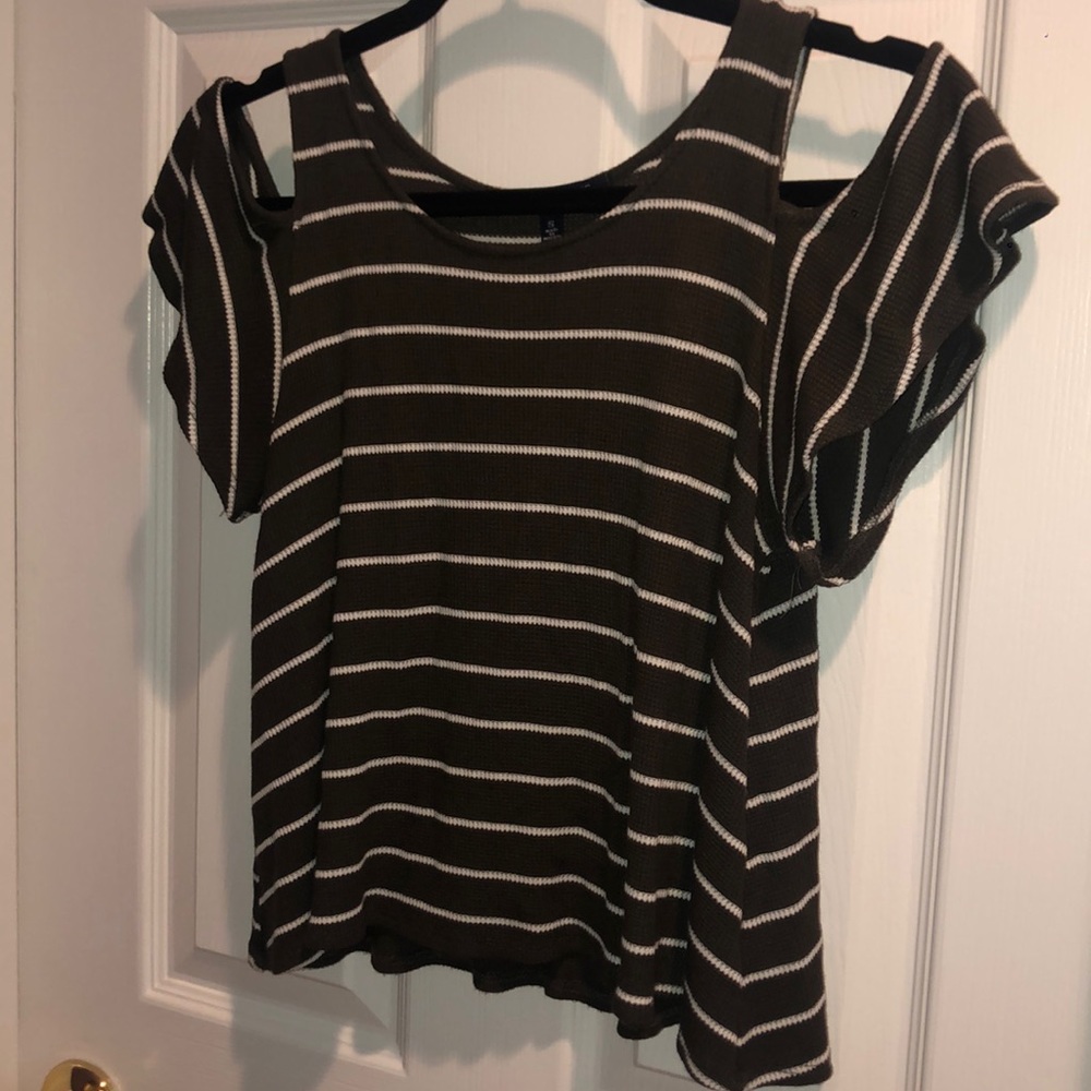 Olive green and white striped cold shoulder top